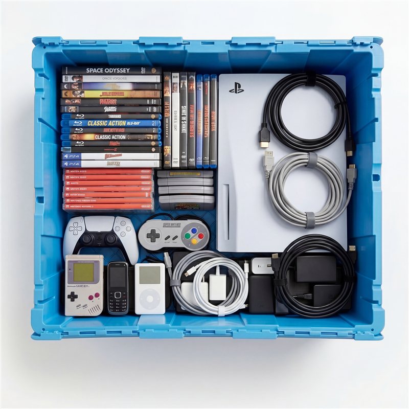 Technology items stored in a Fort Lox box